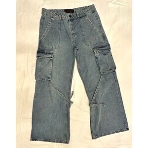 Love For Humanity Cargo Jeans Wide Leg Straps 7 28 Blue Y2K Grunge Streetwear